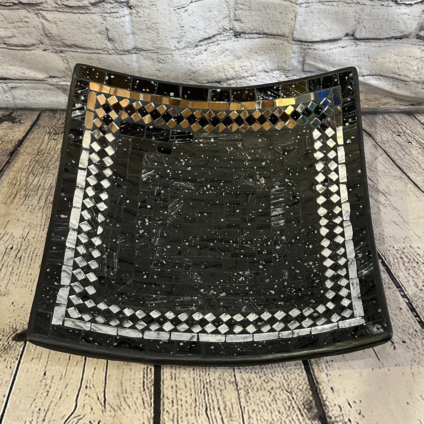 30cm Black Square Mosaic Handmade Ceramic Glass Tile Bowl Fruit