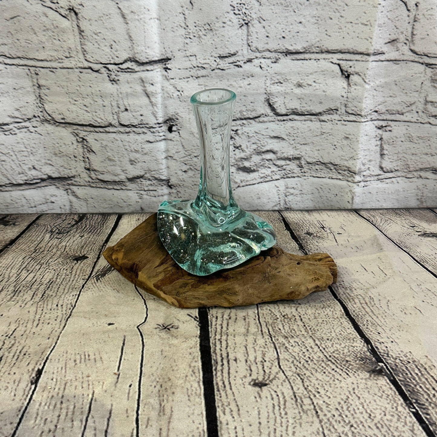 15cm x 10cm Molten Glass Round Vase Natural Root Wood Base Stand Decor Ornament