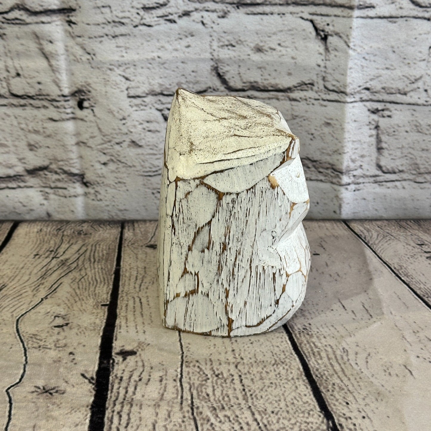 12cm x 10cm White Flower Wooden Shabby Owl Statue Ornament Fair Trade Handcarved