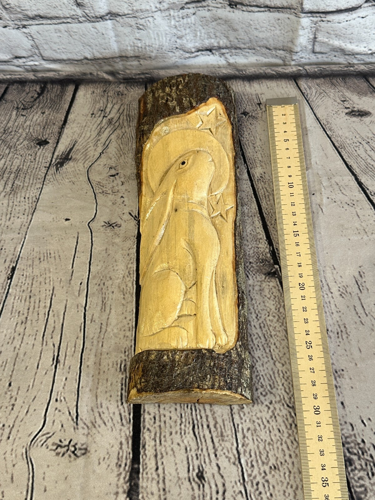 Hare With Moon Of The Woods 30cm Hand Carved Wizard Tree Trunk Wood Fairtrade