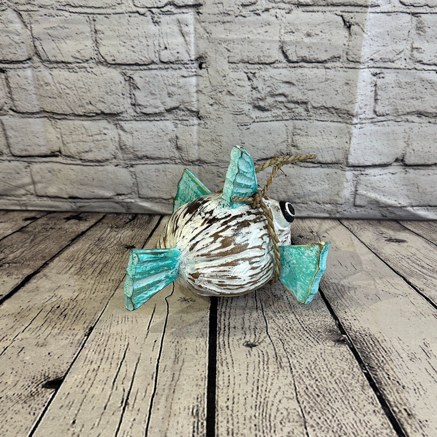 Green White Folk Art Hand Painted Puffer Fish Coconut Shell Ornaments Hanging