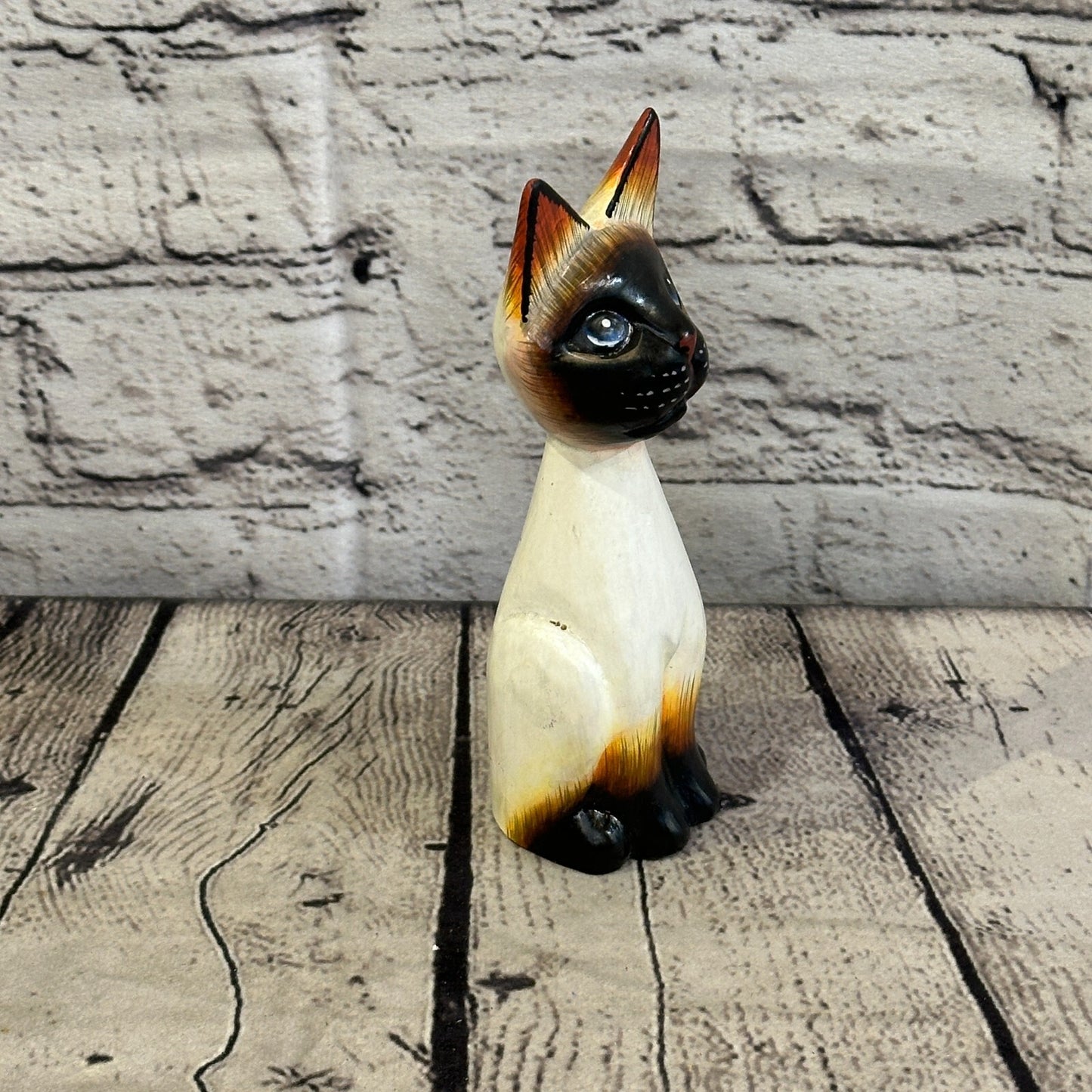 15cm x 6cm Grey Sitting Bobble Style Painted Wooden Hand Carved Cat Wooden