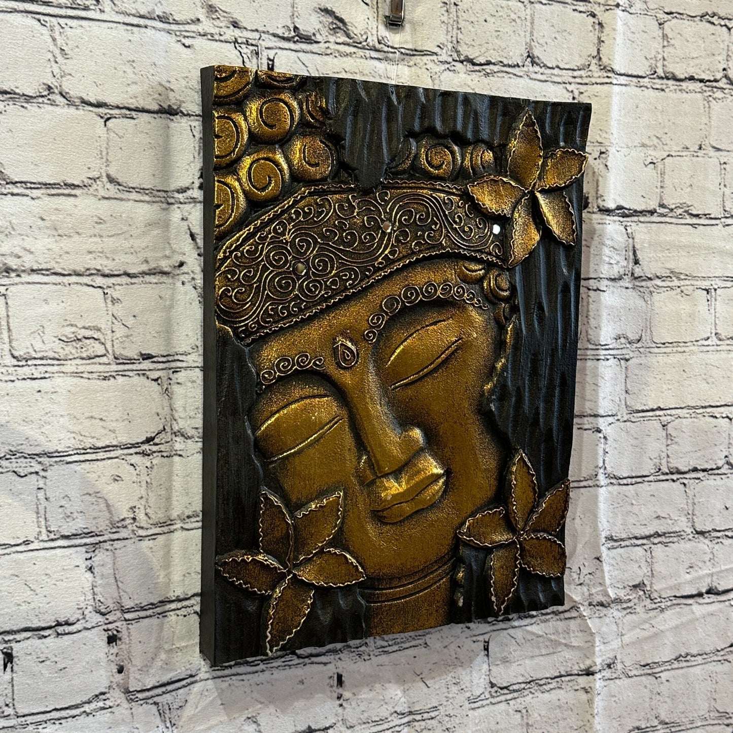 Wooden Wood Panel 40cm Brown Gold Buddha Hibiscus Wall Art Plaque Handcarved