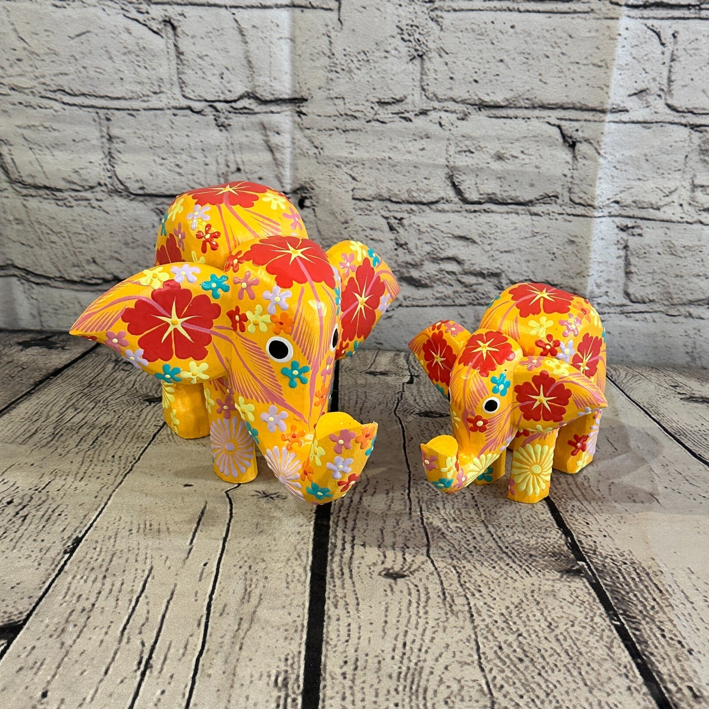 Orange Wooden Elephant With Flower Pattern 10cm x 12cm Handmade and Fairtrade