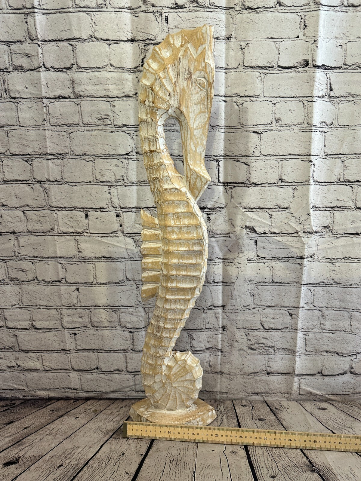 80cm White Plain Wooden Shabby Seahorse Statue Ornament Fair Trade Handcarved