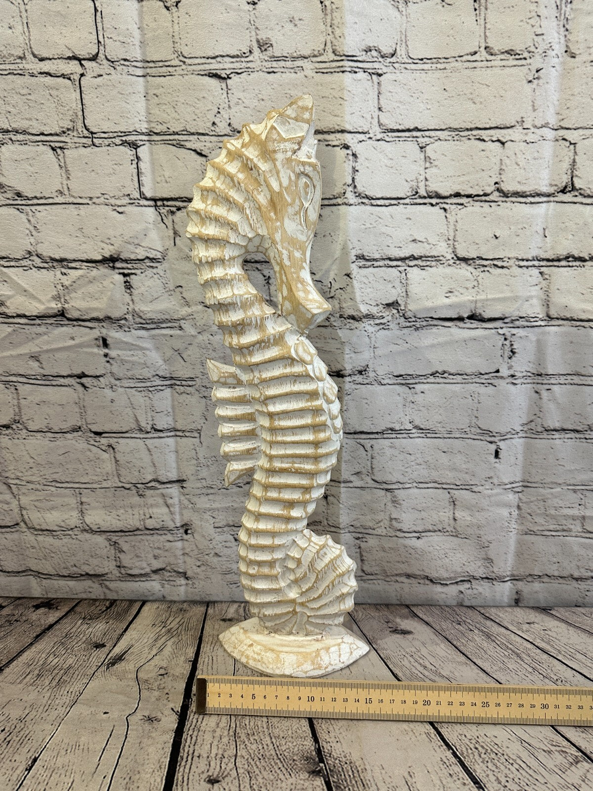 50cm White Plain Wooden Shabby Seahorse Statue Ornament Fair Trade Handcarved