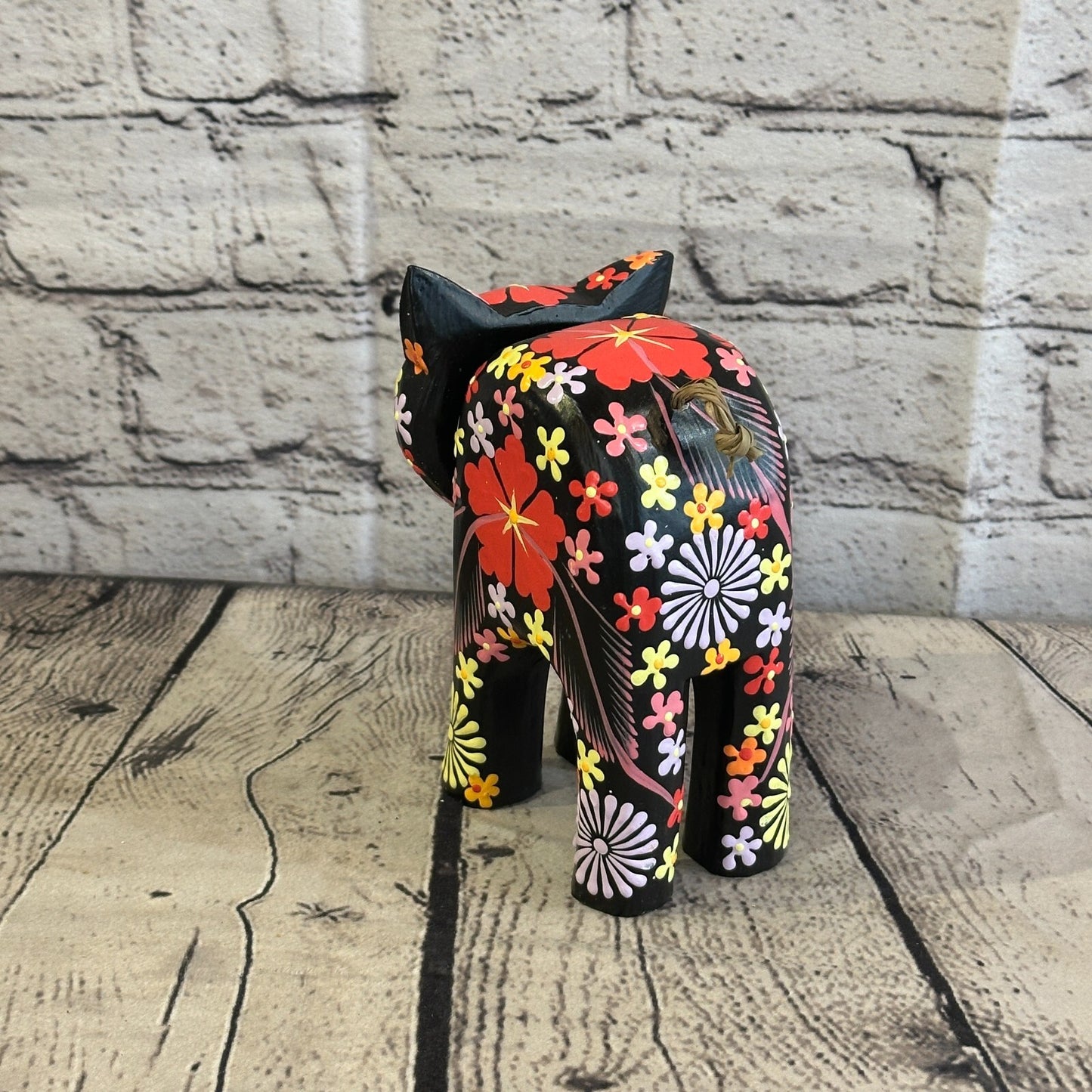 Black Large Wooden Cat With Flower Pattern 15cm x 10cm Handmade and Fairtrade