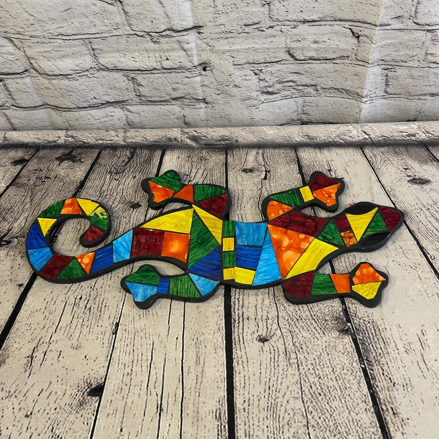 Rainbow Gecko Lizard Mosaic Tile Wall Hanging Mirror 40cm x 15cm Handmade New