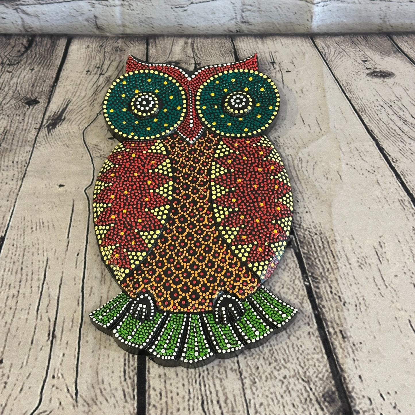 30cm Owl Carved Wooden Dot Painted Ethnic Tribal Tiki Wall Art Handmade No 4