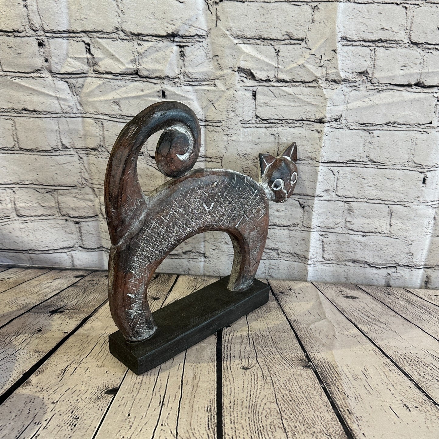 35cm x 35cm Wooden Tribal Primitive Black Cat Stand Sculpture Statue Art