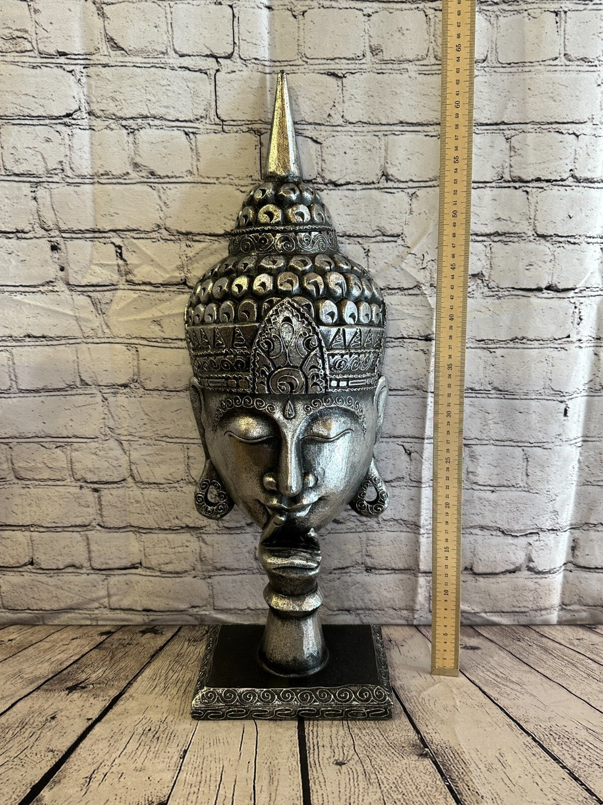 65cm Silver Buddha Head Wooden Standing Statue Figurine Ornament Fair Trade
