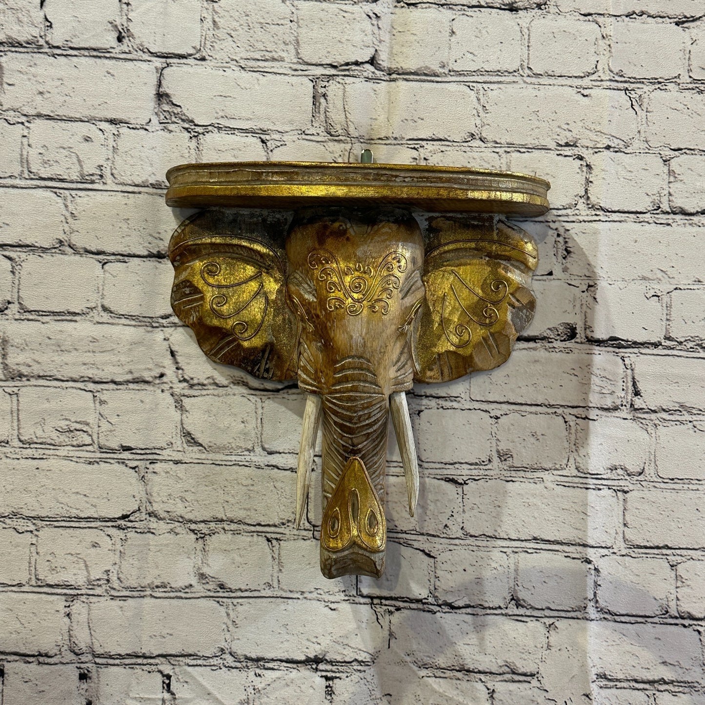 30cm x 30cm Brown Gold Shelf Wood Elephant Head Wall Mounted Art Large Shabby