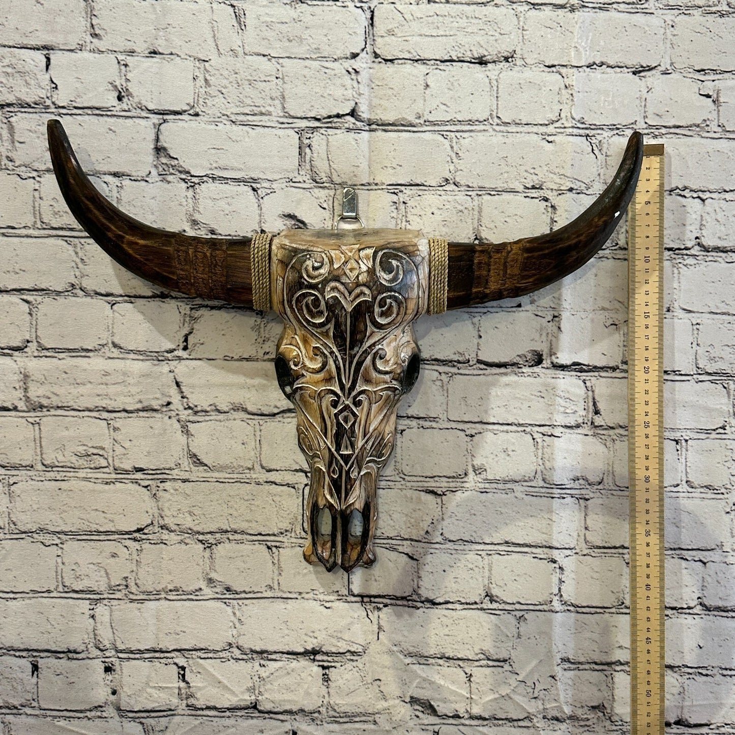 50cm x 40cm Brown Carved Wood Cow Bison Skull Head Wall Mounted Art Large Shabby
