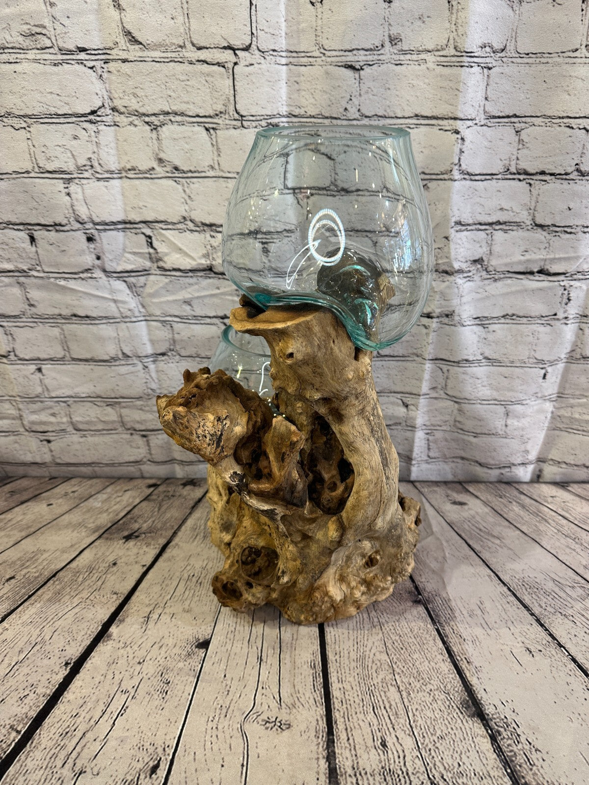 50cm Double Molten Glass Round Bowl Natural Root Wood Base Stand Decor Ornament