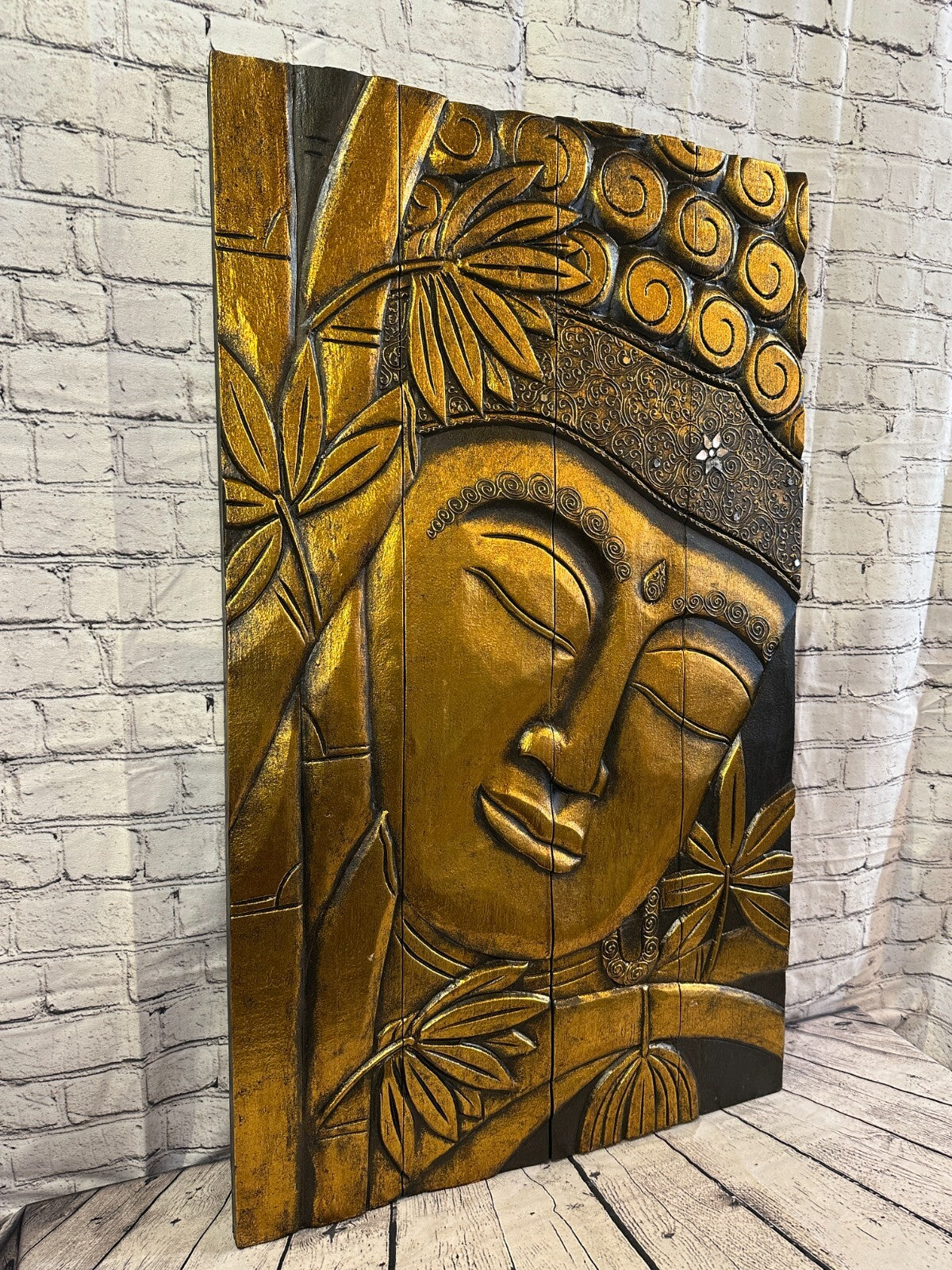 100cm x 60cm Buddha Gold Panel Wooden Wood Panel Wall Art Plaque Handcarved