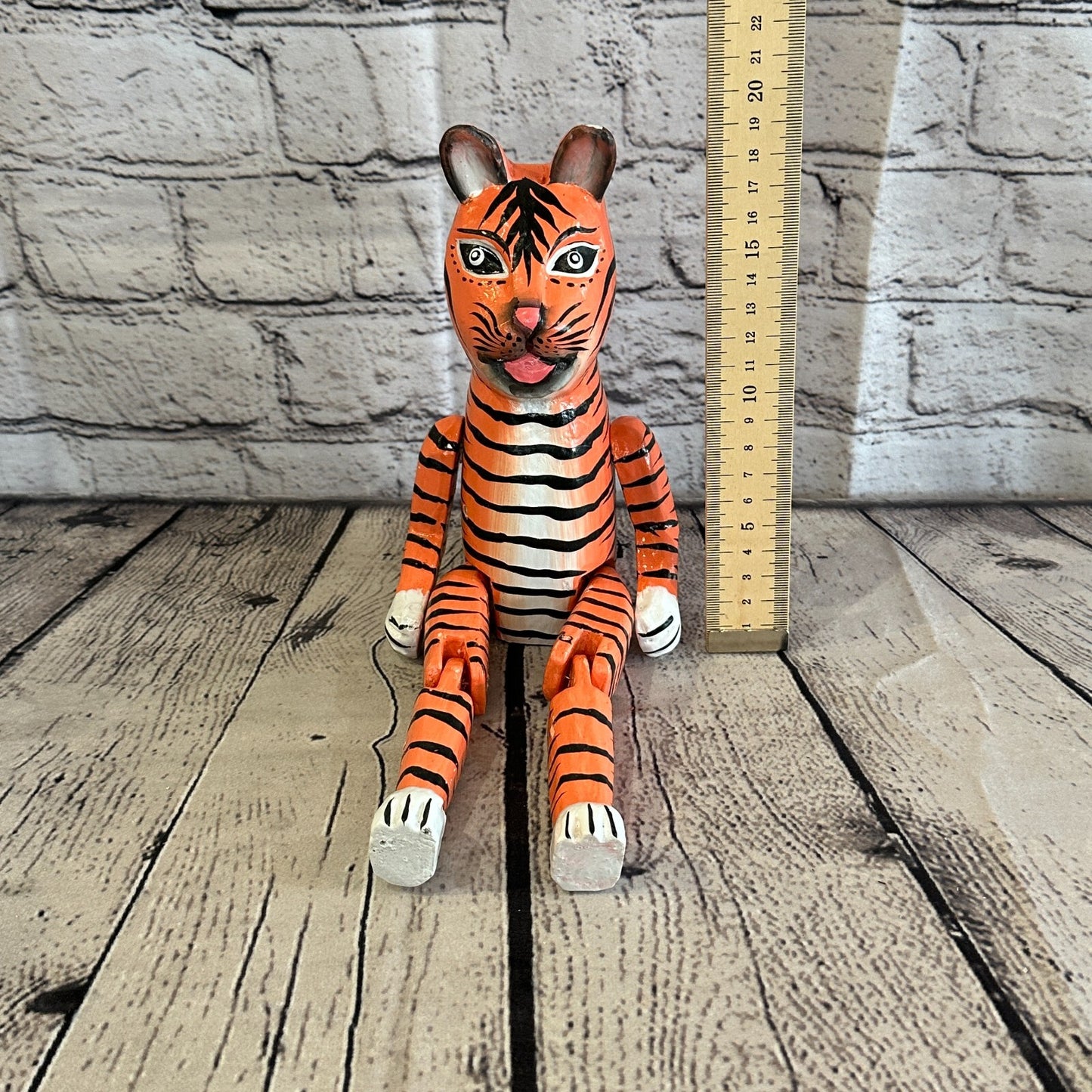 20cm Orange Tiger Sitting Animal, Wooden Shelf Ornament Handmade & Fairtrade