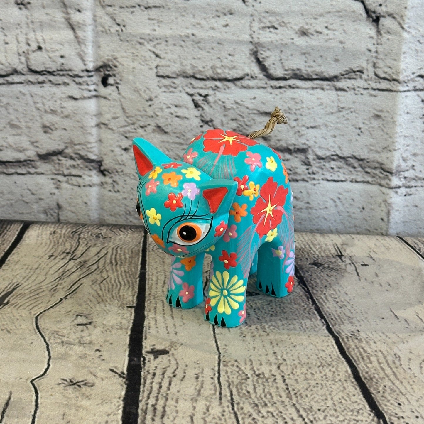 Blue Small Wooden Cat With Flower Pattern 10cm x 8cm Handmade and Fairtrade