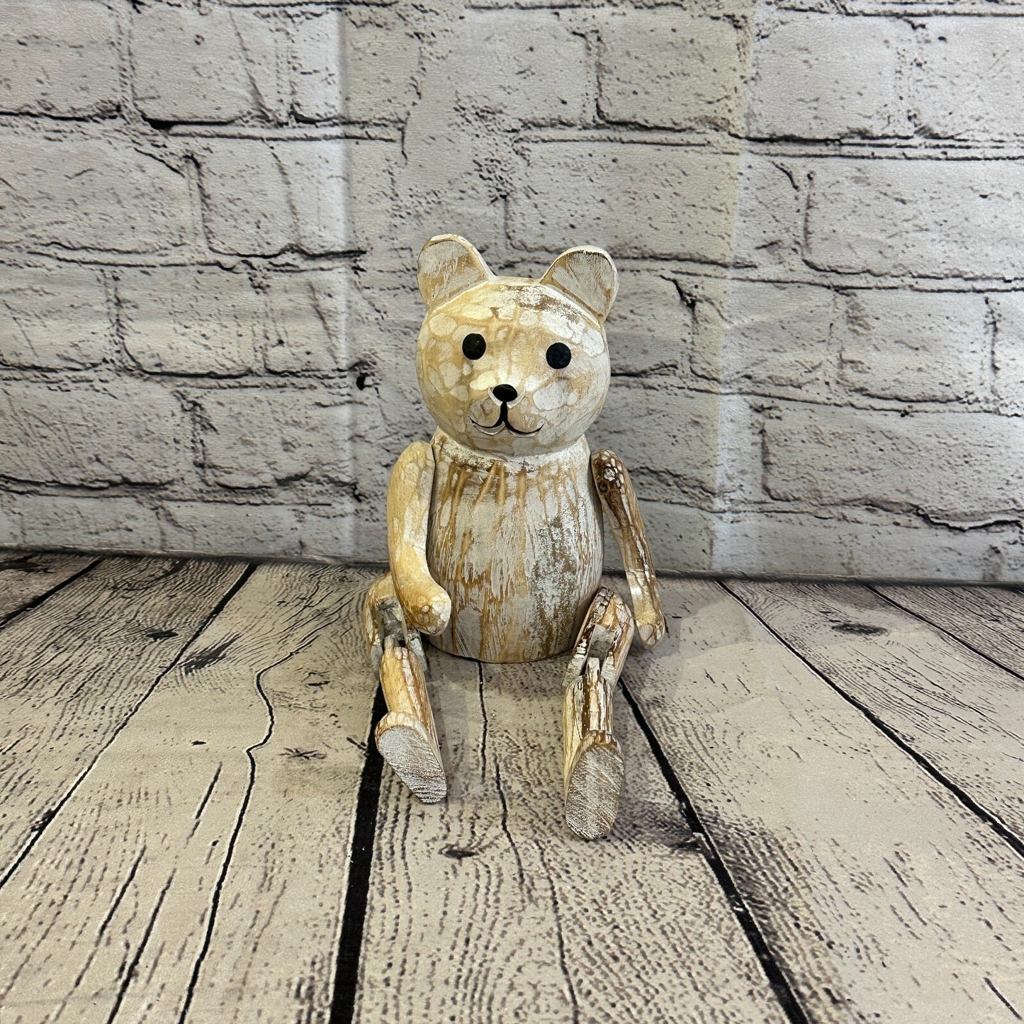 18cm Shabby White Teddy Sitting Animal Wooden Shelf Ornament Handmade Fairtrade