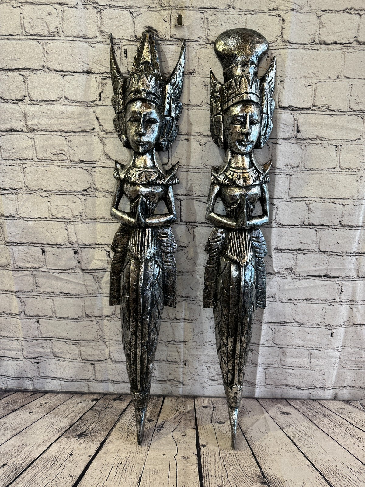 Silver Antique Colour Sita Dewi Bali Rice Goddess Wings Mermaid Wood 80cm Pair