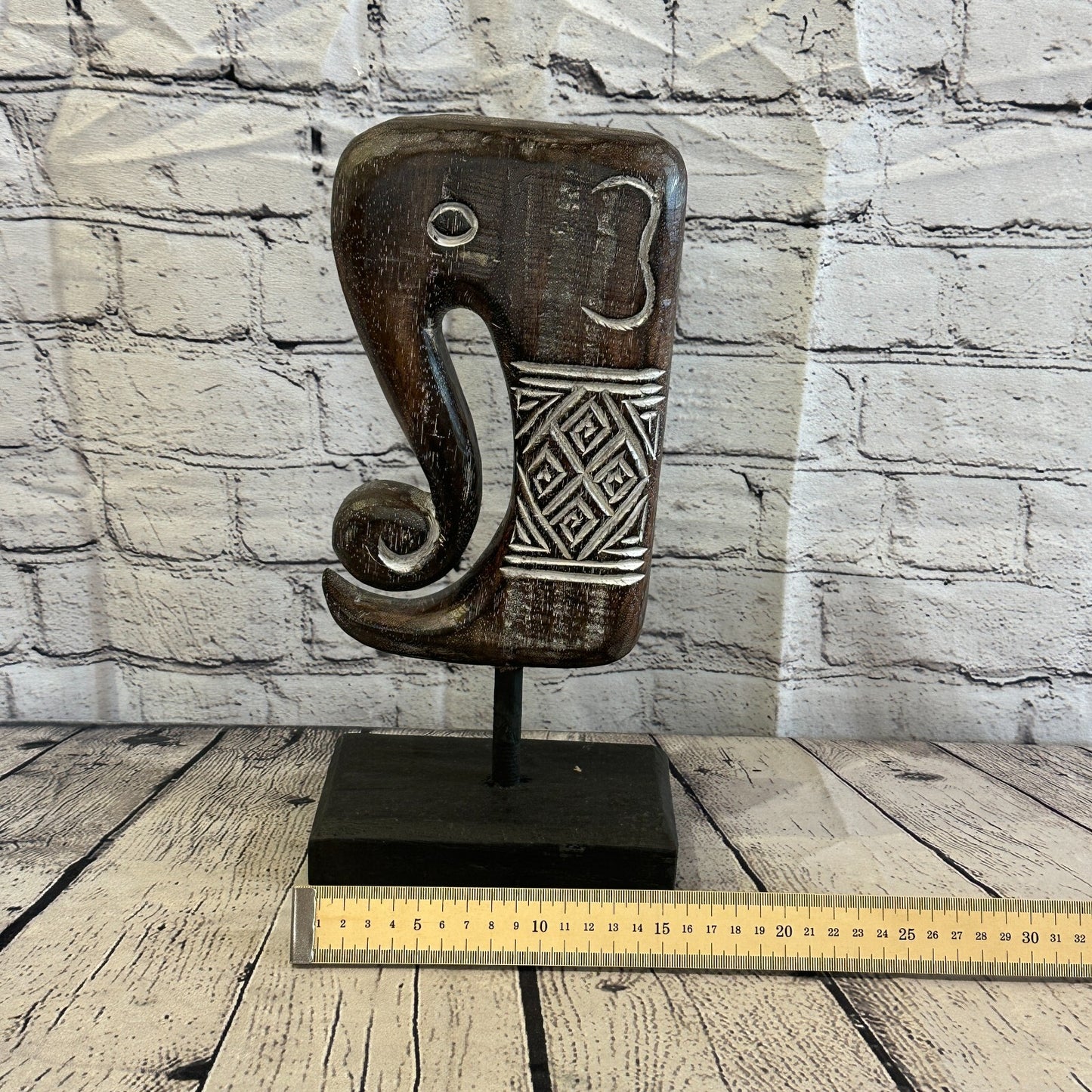 32cm x 16cm Wooden Tribal Primitive Black Elephant Head Stand Sculpture Statue