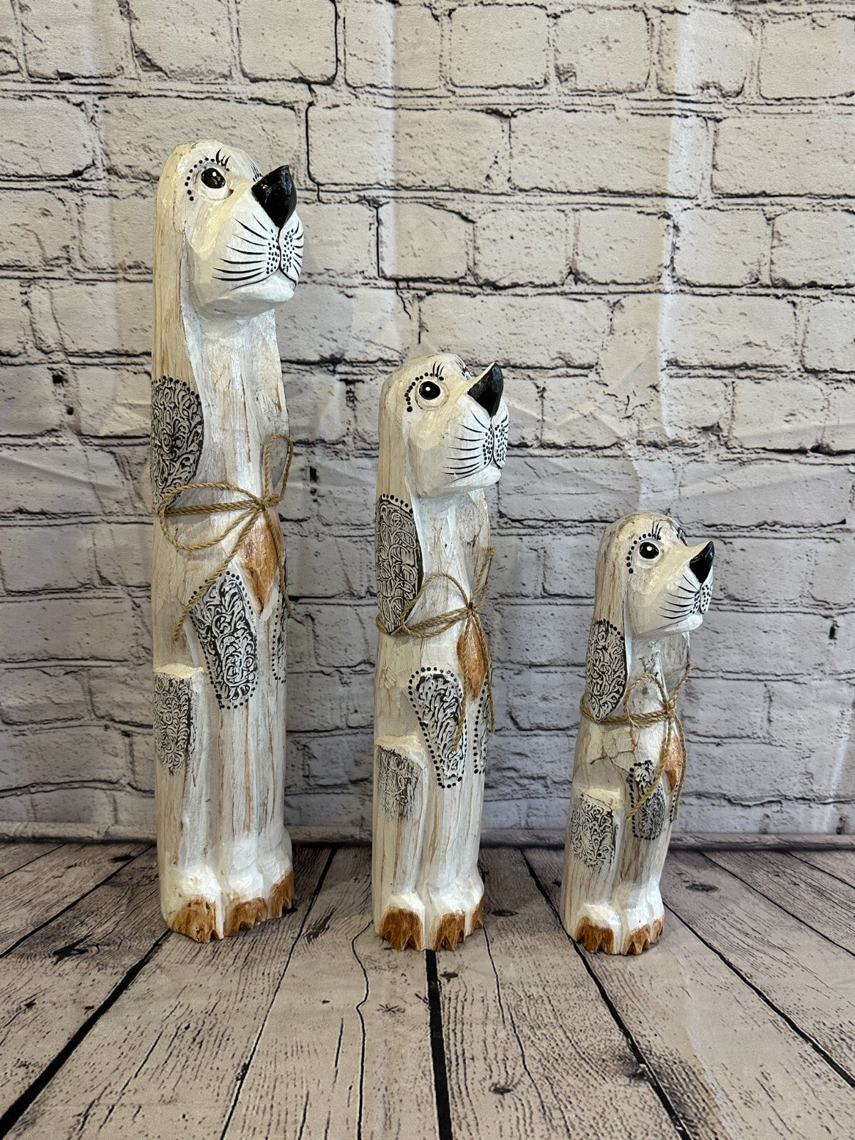 40cm White Flower Wooden Shabby Dog Statue Ornament Fair Trade Handcarved