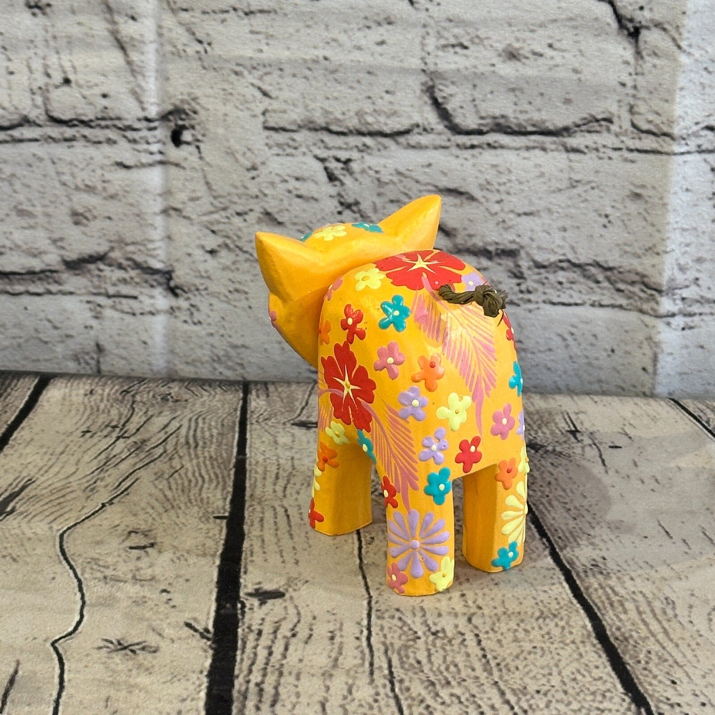 Orange Small Wooden Cat With Flower Pattern 10cm x 8cm Handmade and Fairtrade