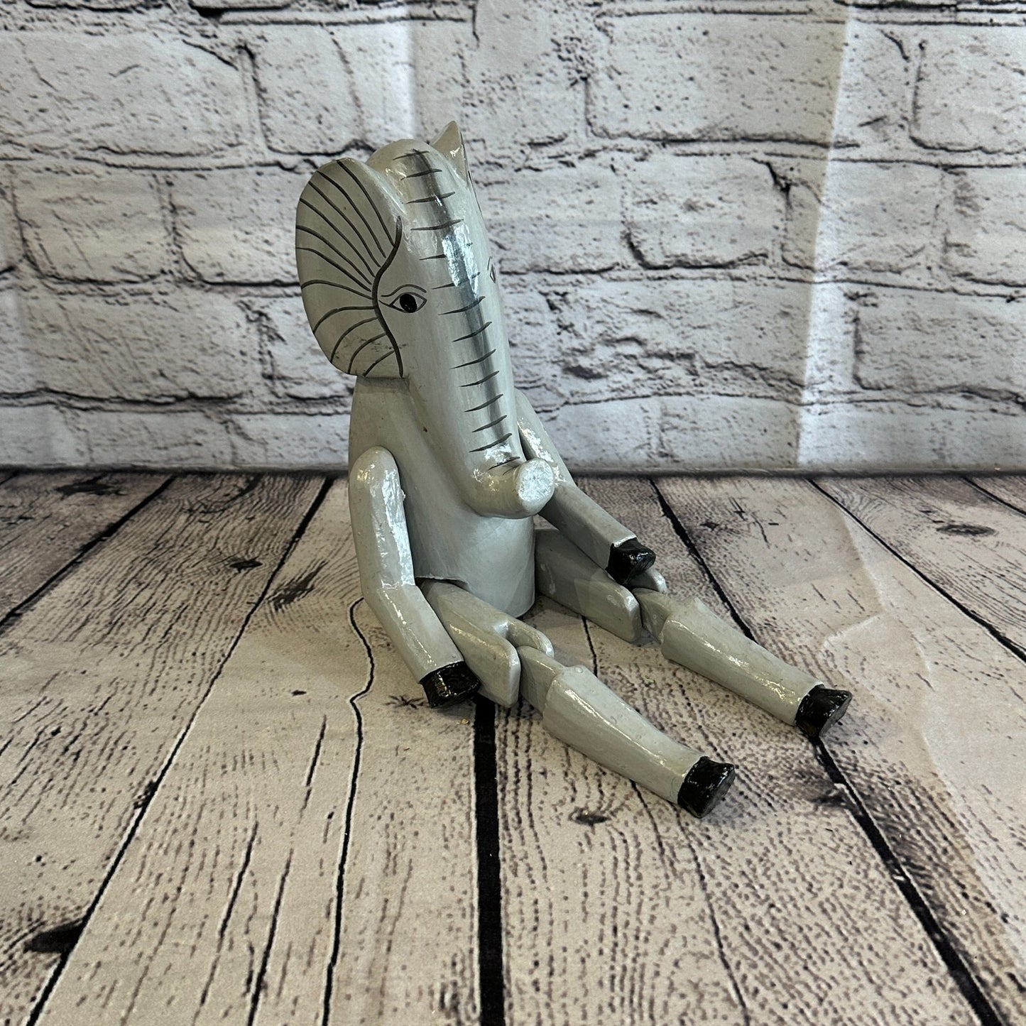 20cm Grey Elephant Sitting Animal, Wooden Shelf Ornament Handmade & Fairtrade