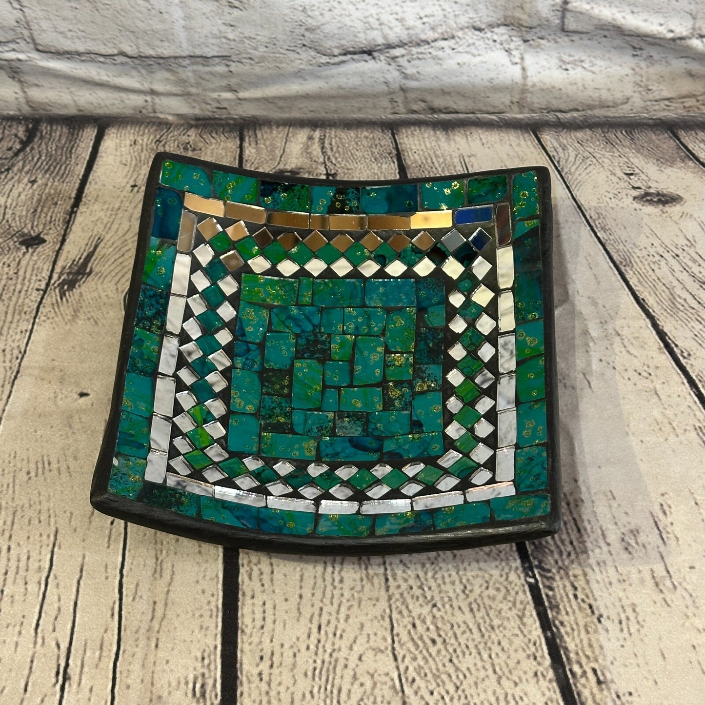20cm Green Square Mosaic Handmade Ceramic Glass Tile Bowl Fruit