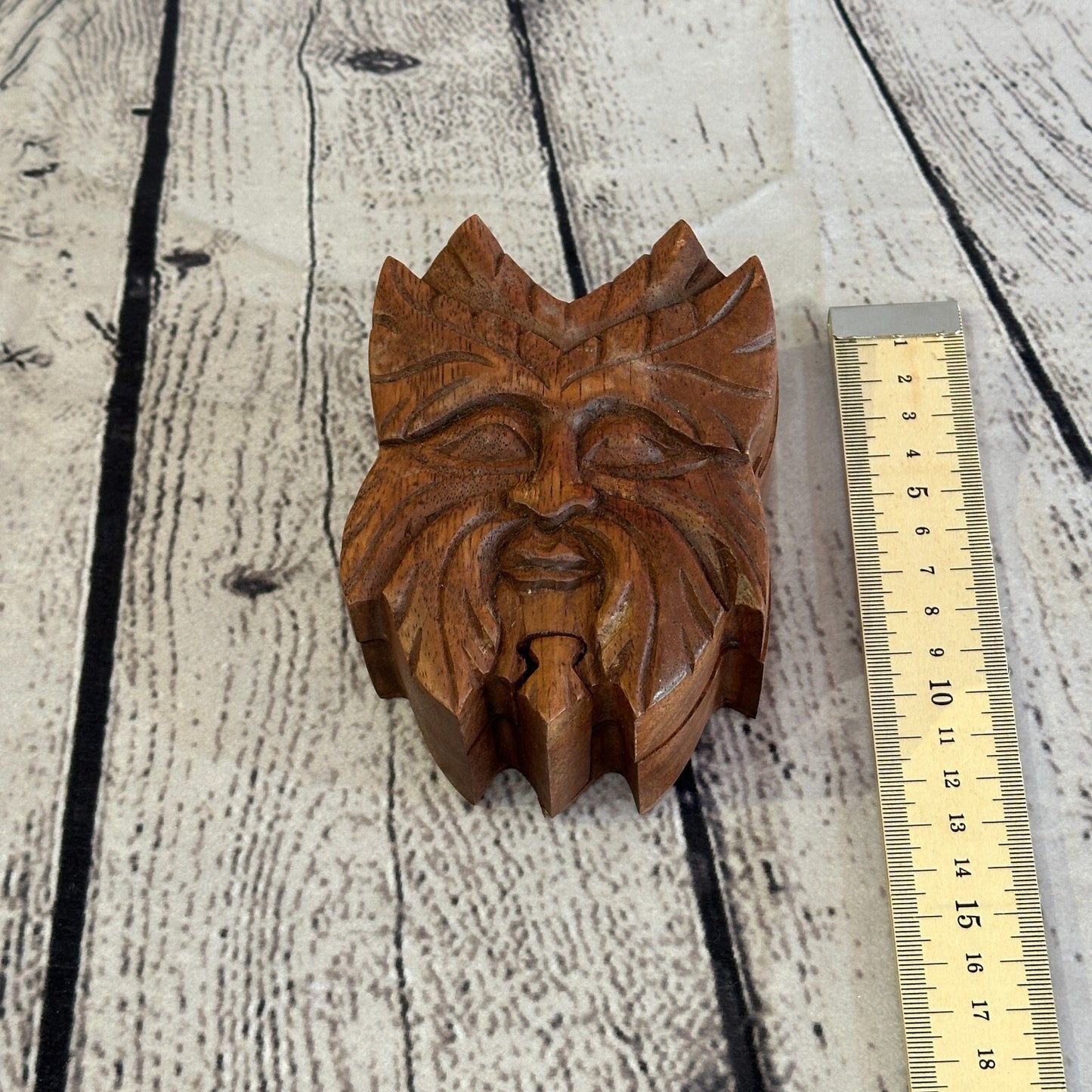 Carved Green Man Head 4 Bit Wooden Puzzle Box Secret Box Magic Trinket Handmade