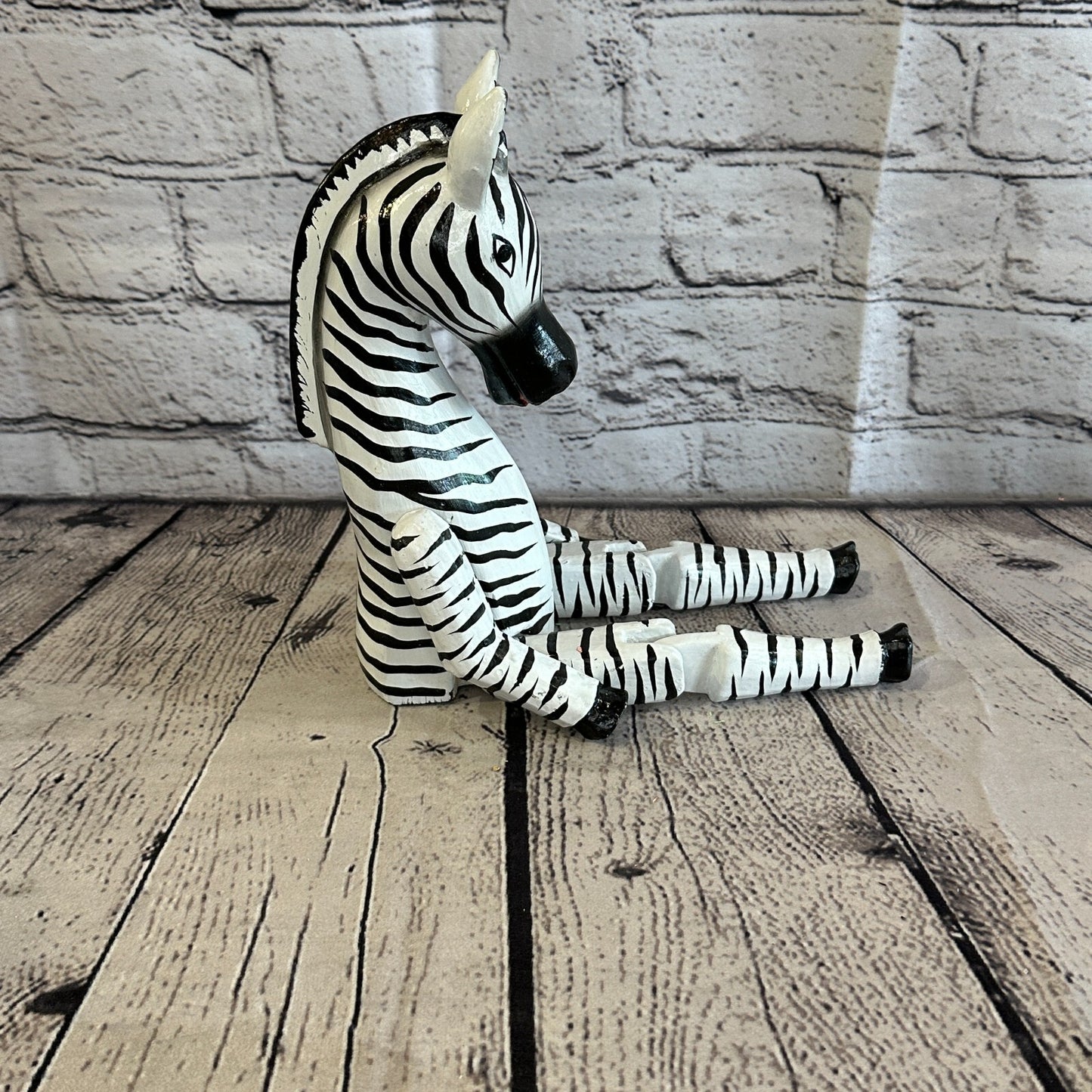 20cm Black Zebra Sitting Animal, Wooden Shelf Ornament Handmade & Fairtrade