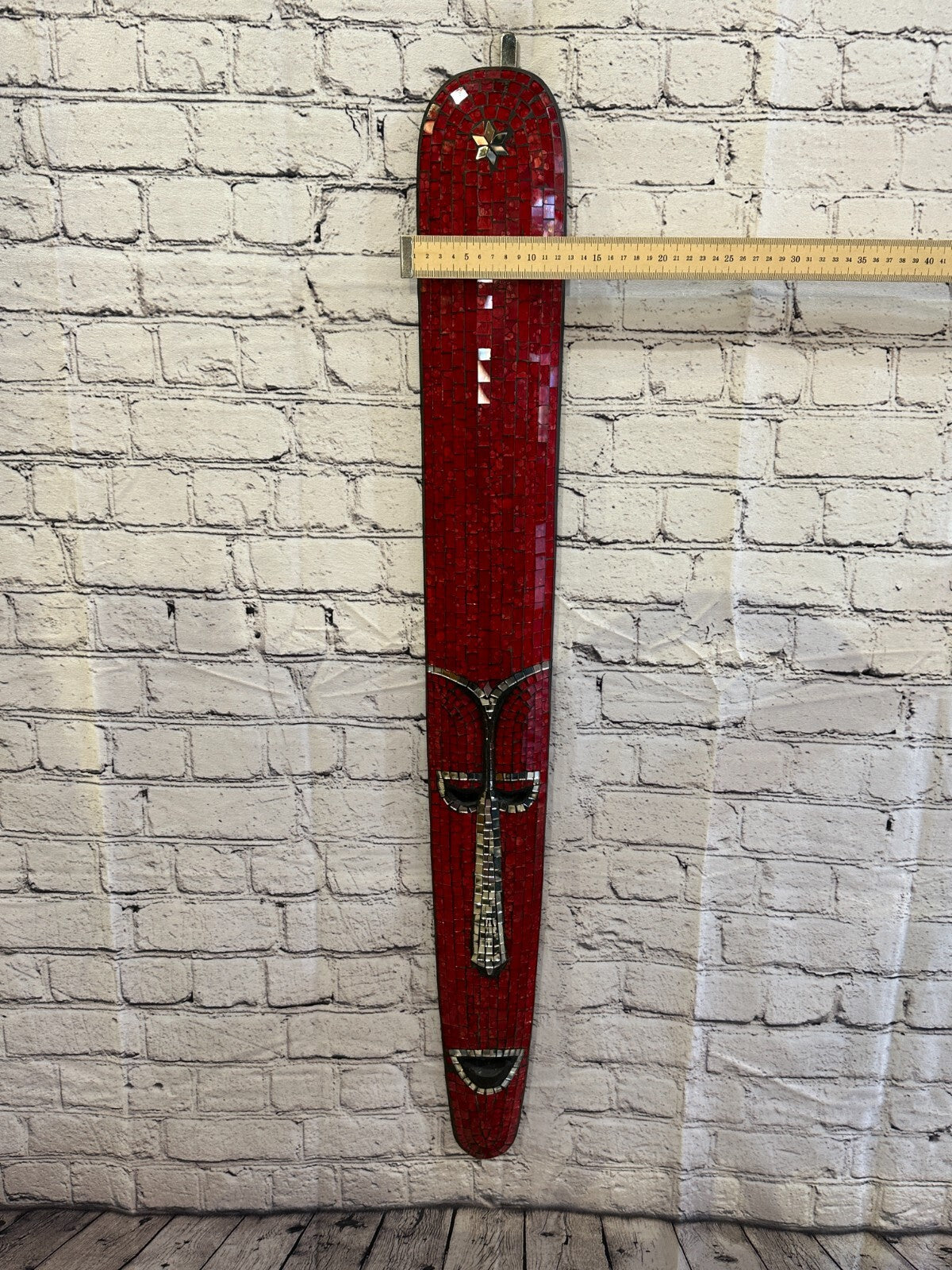 80cm Red Mosaic Mirror Mask Carved Painted Ethnic Tribal Wall Art Handmade