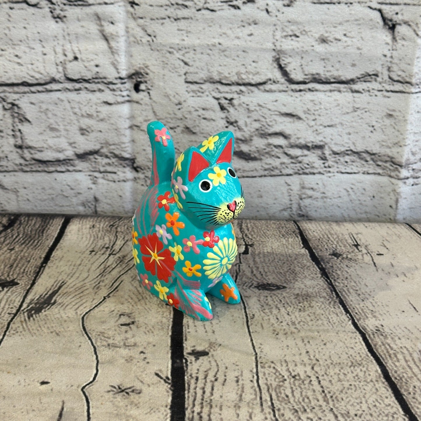 Blue Small Wooden Cat With Flower Pattern 12cm x 6cm Handmade and Fairtrade