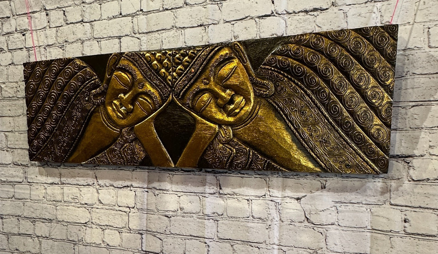 100cm x 30cm Buddha 2 Faces Gold Wooden Wood Panel Wall Art Plaque Handcarved