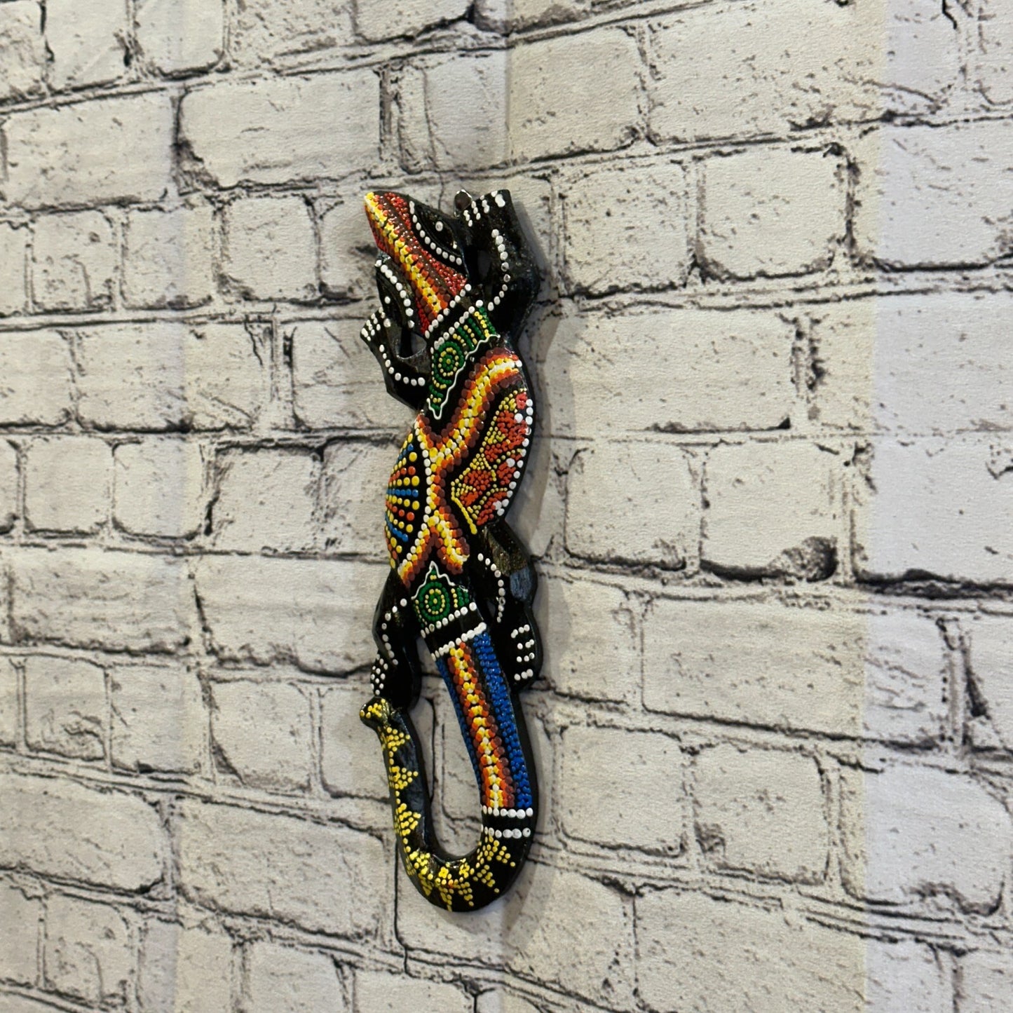 30cm Gecko Carved Wooden Dot Painted Ethnic Tribal Tiki Wall Handmade No 4