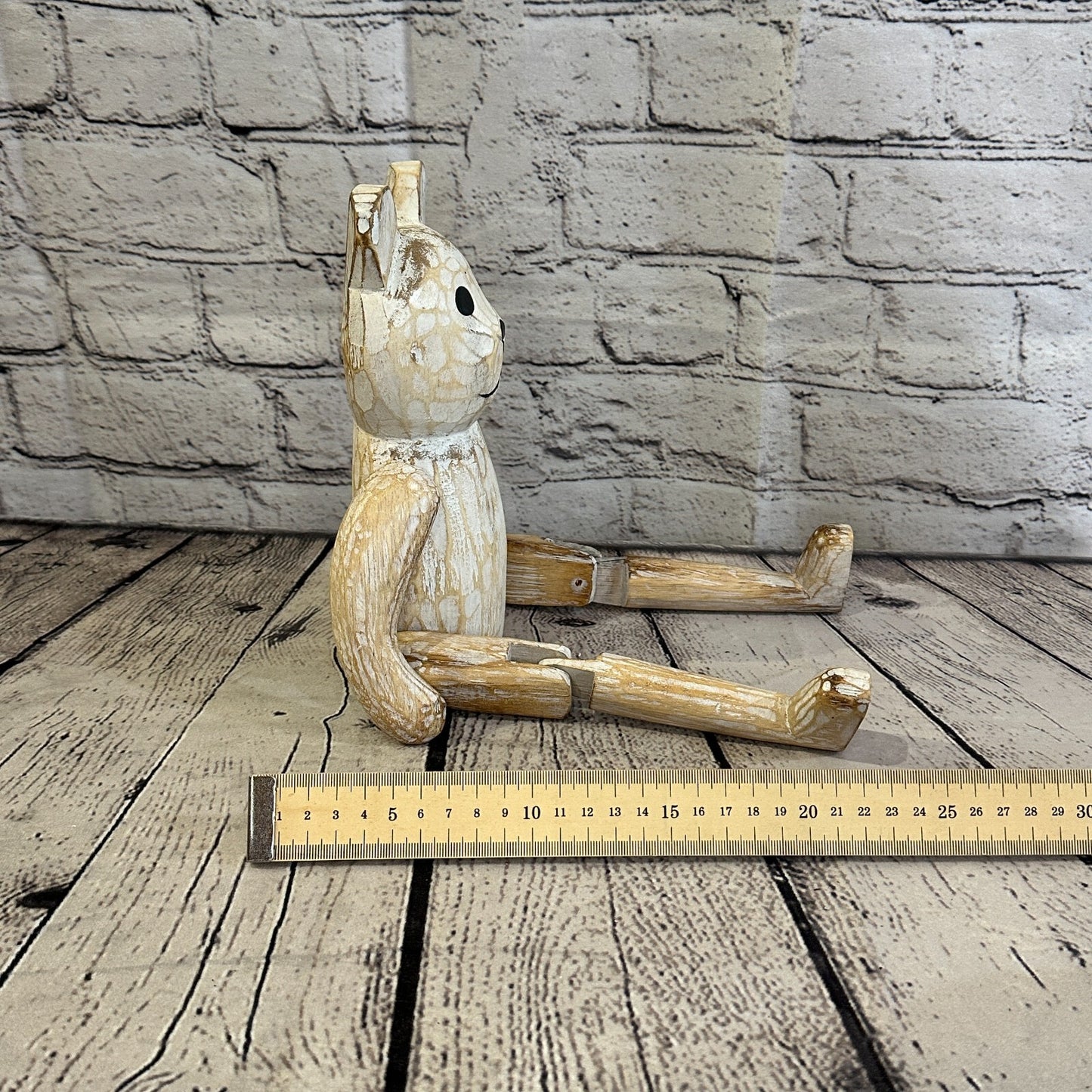 22cm Shabby White Teddy Sitting Animal Wooden Shelf Ornament Handmade Fairtrade