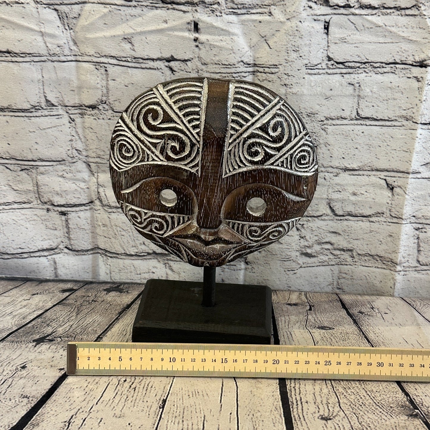 25cm x 20cm Wooden Tribal Primitive Black Mask Stand Sculpture Statue Art