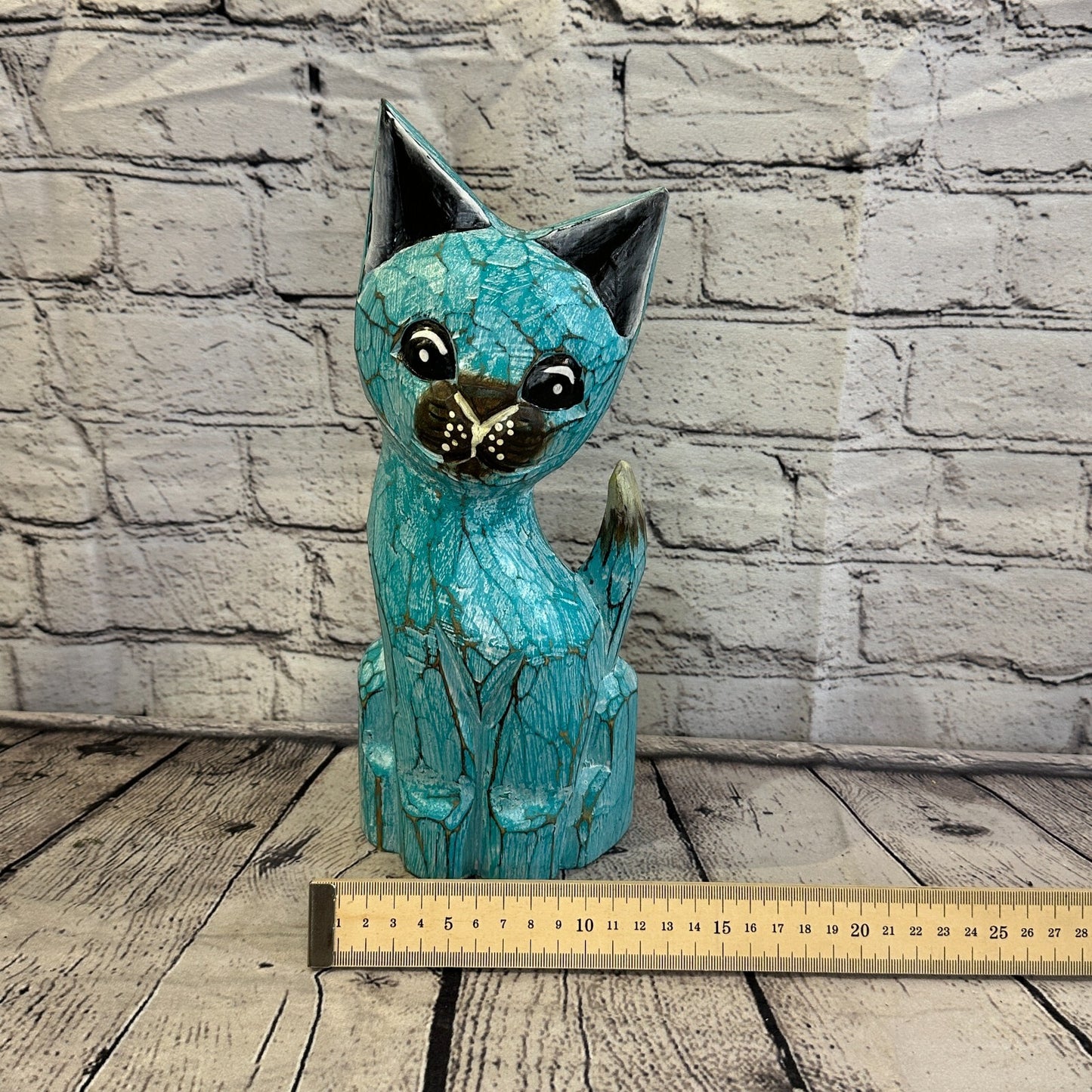 30cm x 12cm Green Flower Wooden Shabby Cat Statue Ornament Fair Trade Handcarved