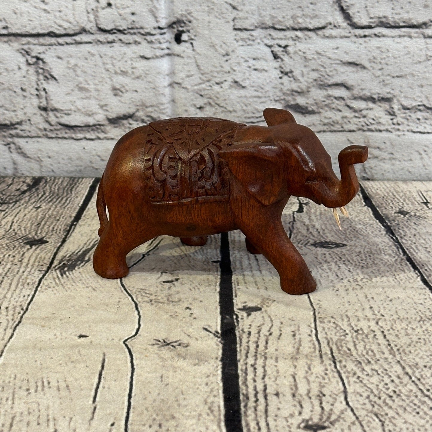 12cm x 8cm Carved Wooden Baby Elephant Wood Brown Sculpture Retro Handmade