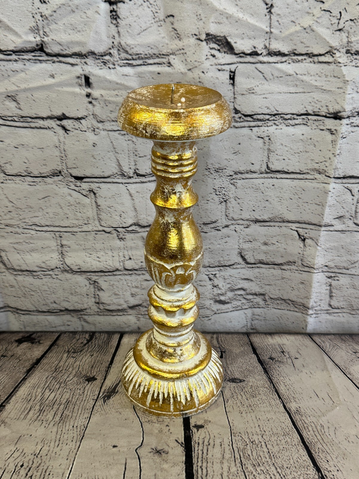 30cm Gold Tall Candlestick Shabby Chic Distressed Solid Column Candle Holder