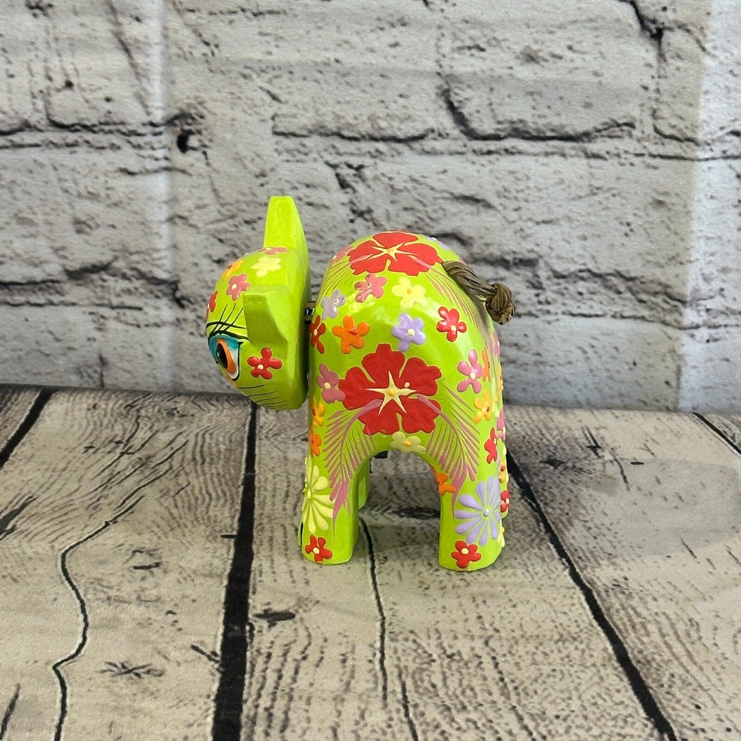 Green Small Wooden Cat With Flower Pattern 10cm x 8cm Handmade and Fairtrade