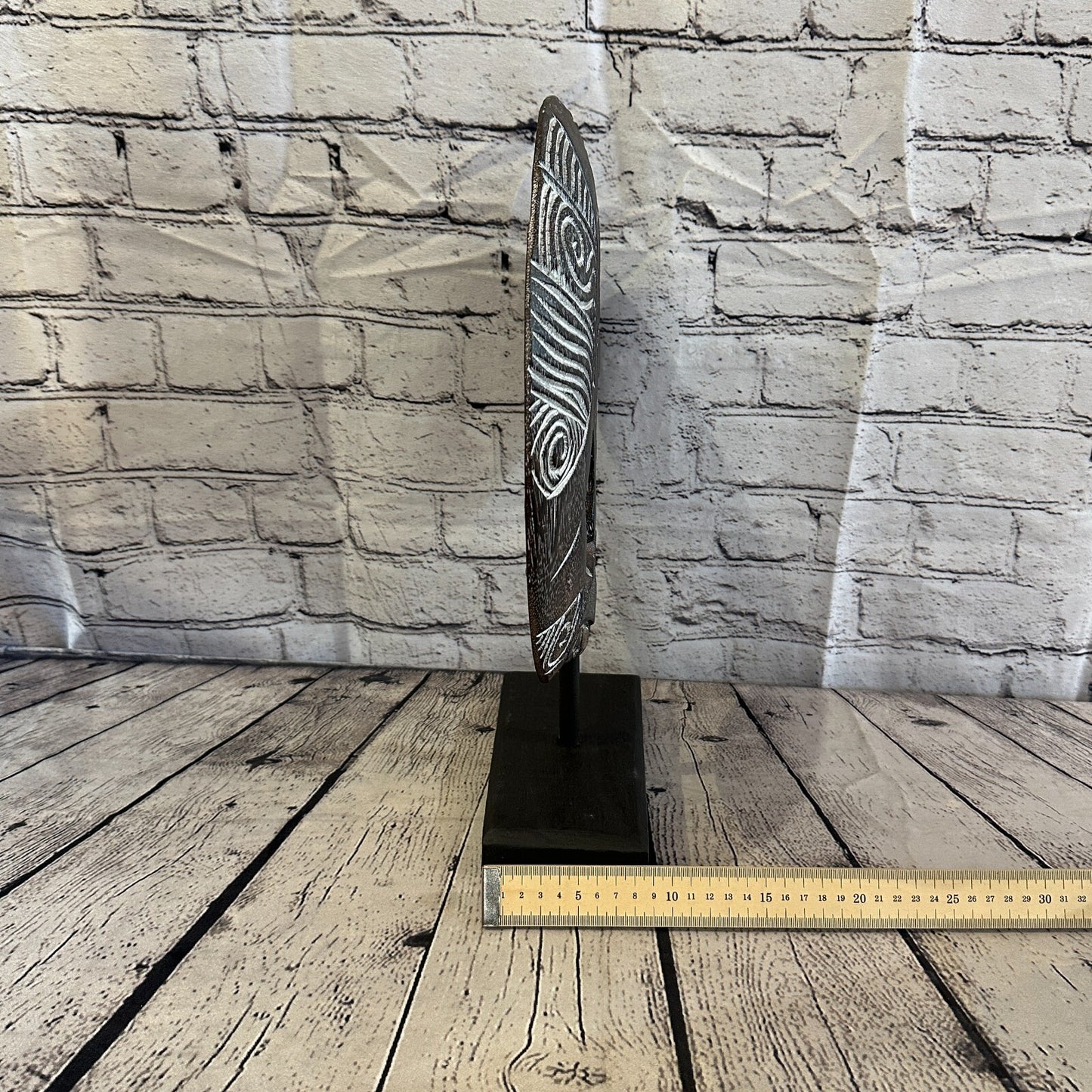 40cm x 35cm Wooden Tribal Primitive Black Mask Stand Sculpture Statue Art
