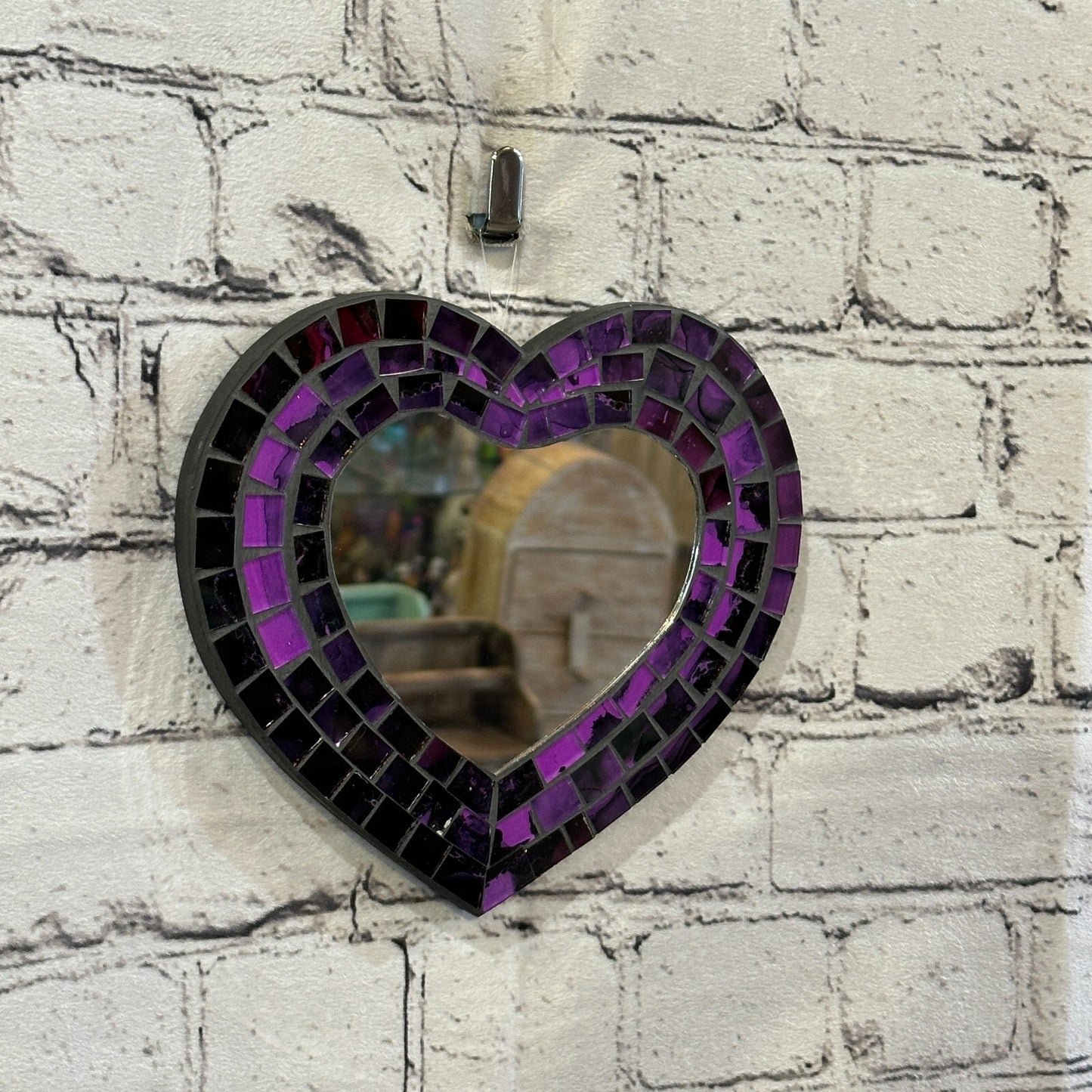 Purple Heart Shape Mosaic Tile Wall Mirror 20cm x 15cm 8 Inches Handmade New