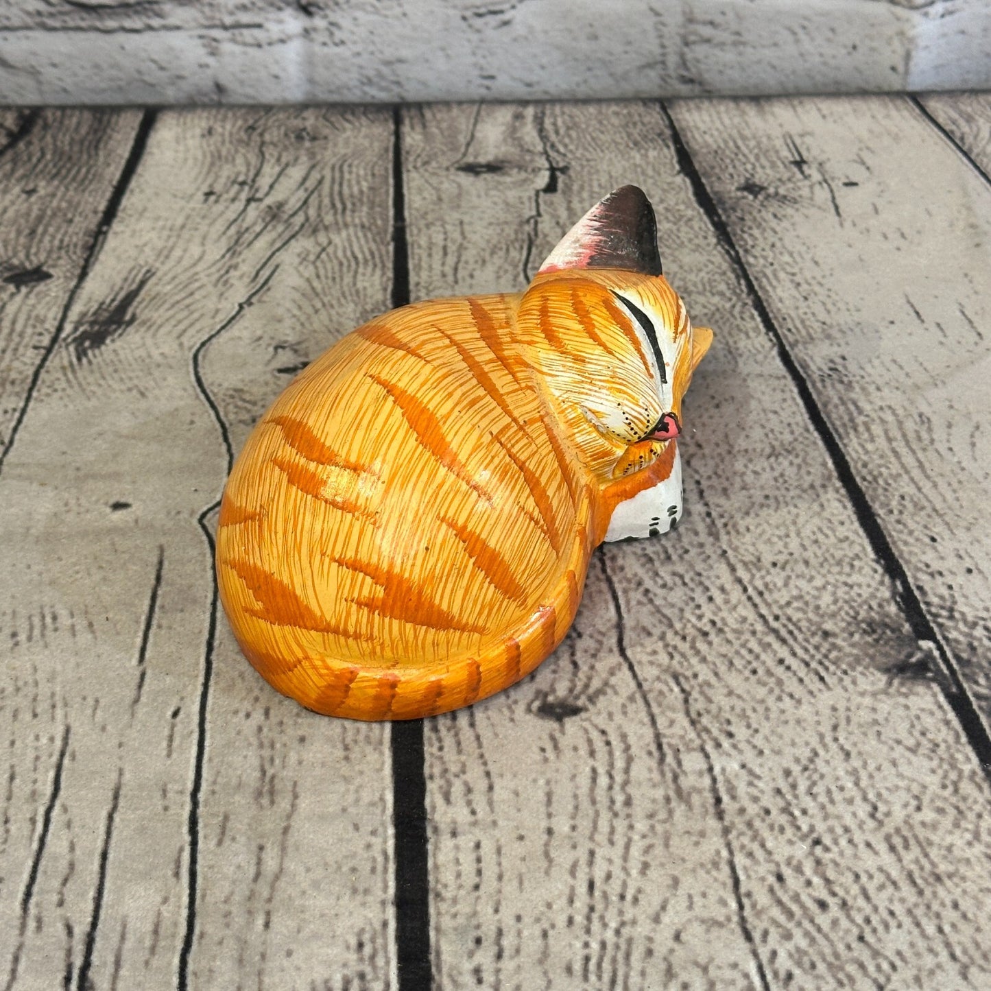 14cm Orange Style Painted Wooden Hand Carved Snoozing Cat Sleeping Cat Wooden
