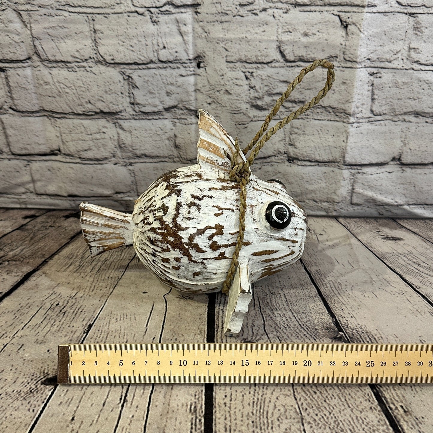 Plain White Folk Art Hand Painted Puffer Fish Coconut Shell Ornaments Hanging