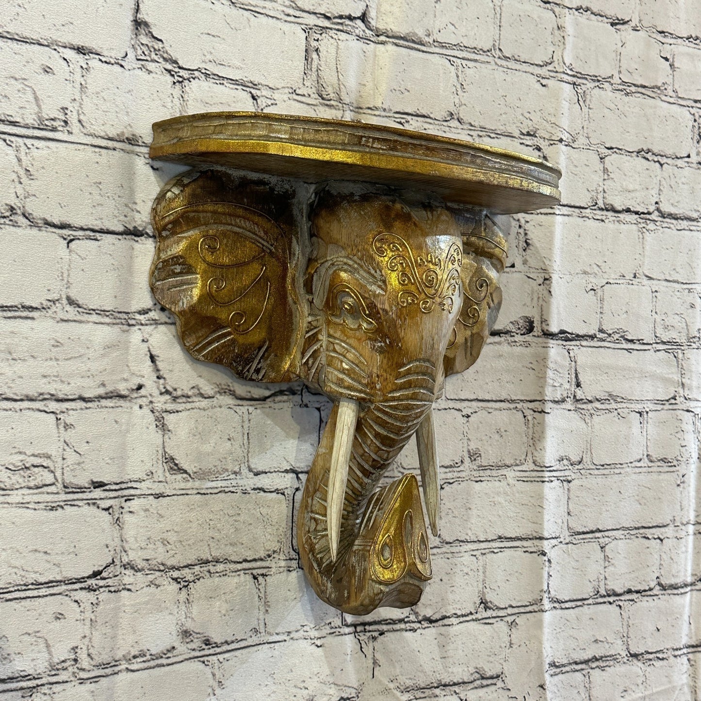 30cm x 30cm Brown Gold Shelf Wood Elephant Head Wall Mounted Art Large Shabby