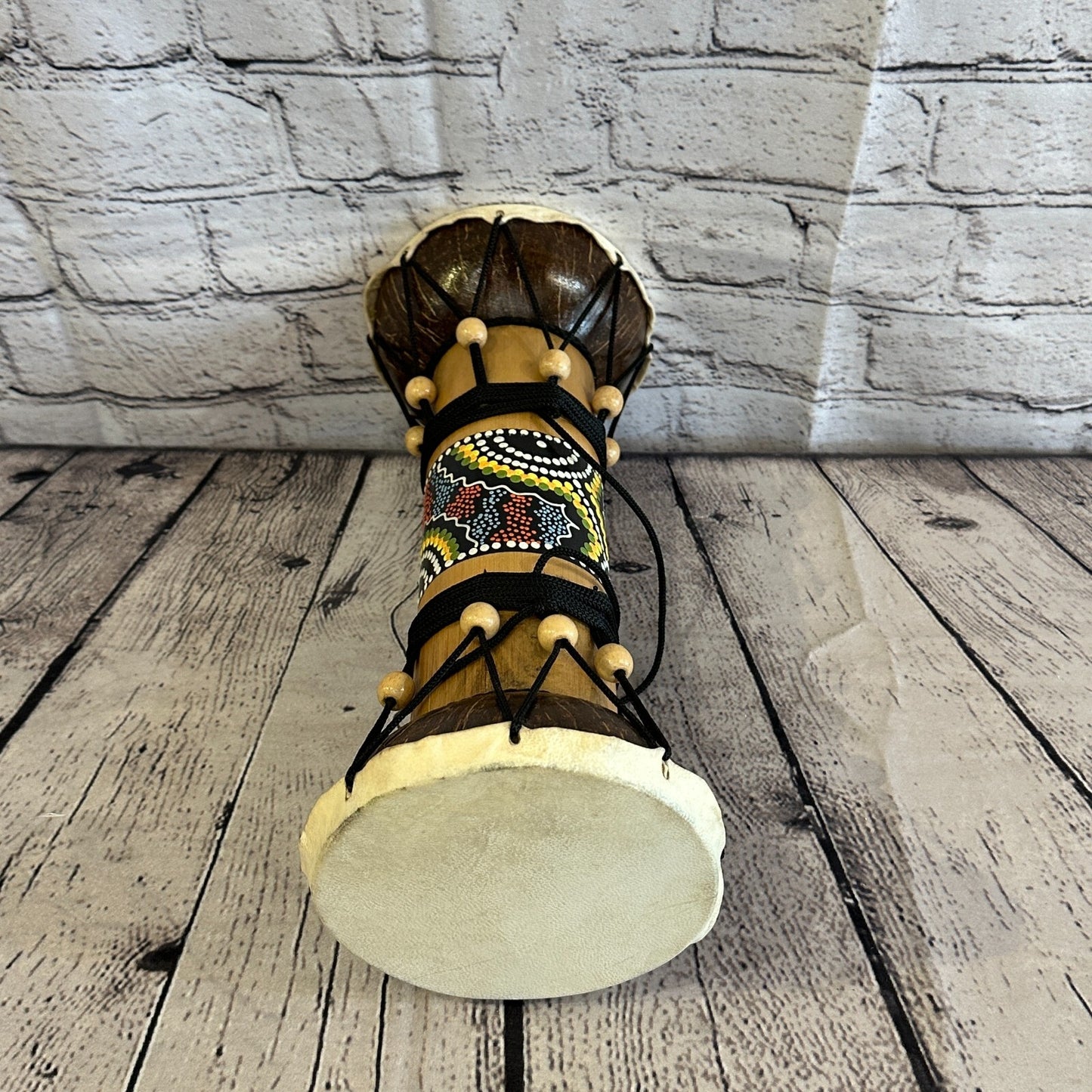 32cm Two Ended Wooden Djembe Bongo Painted African Influenced Drum High Handmade