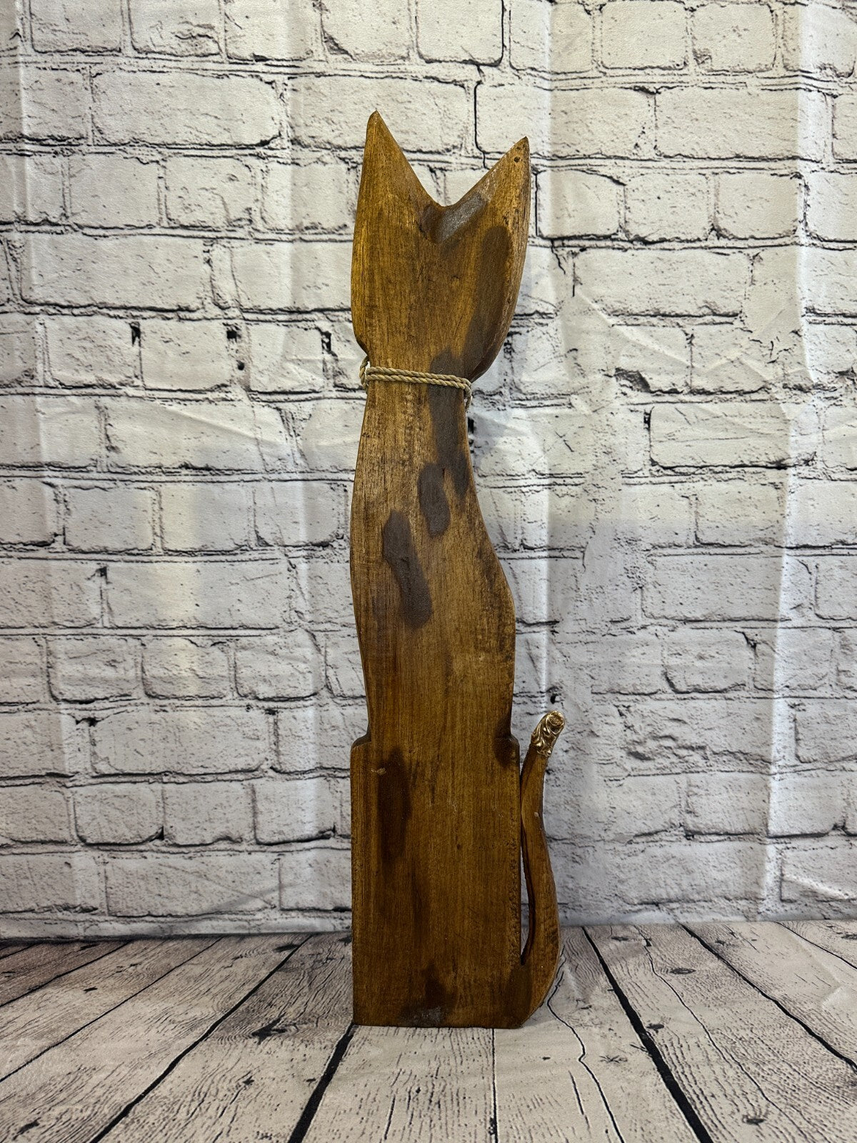 60cm Brown Swirl Flower Wooden Shabby Cat Statue Ornament Fair Trade Handcarved