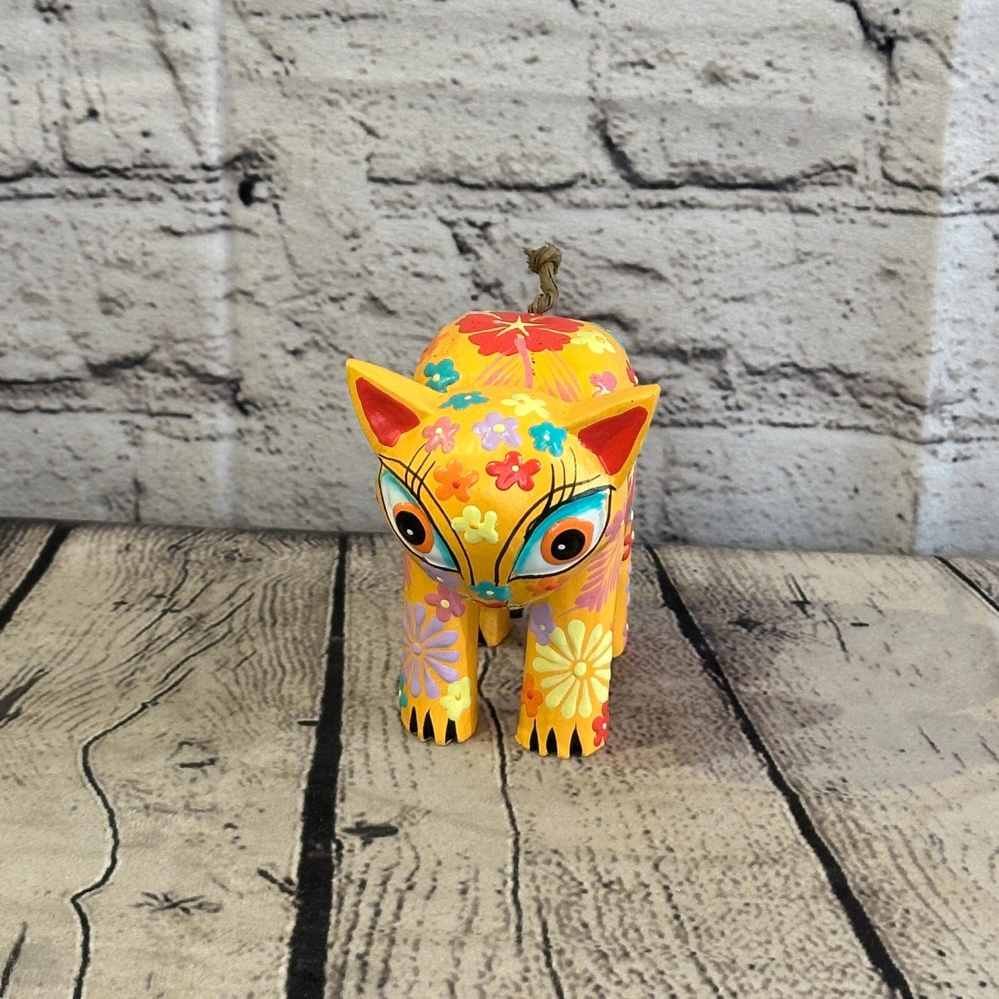 Orange Small Wooden Cat With Flower Pattern 10cm x 8cm Handmade and Fairtrade