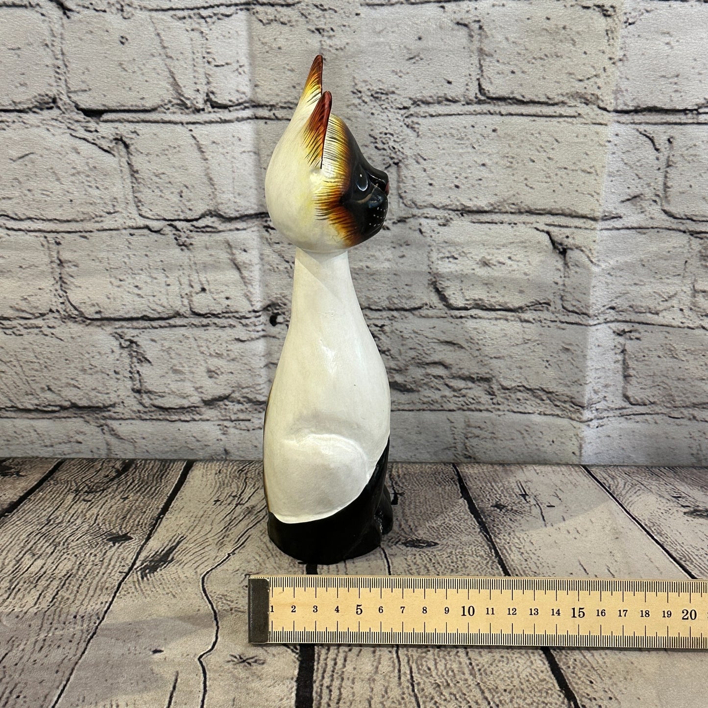 25cm x 7cm Siamese Sitting Bobble Style Painted Wooden Hand Carved Cat Wooden