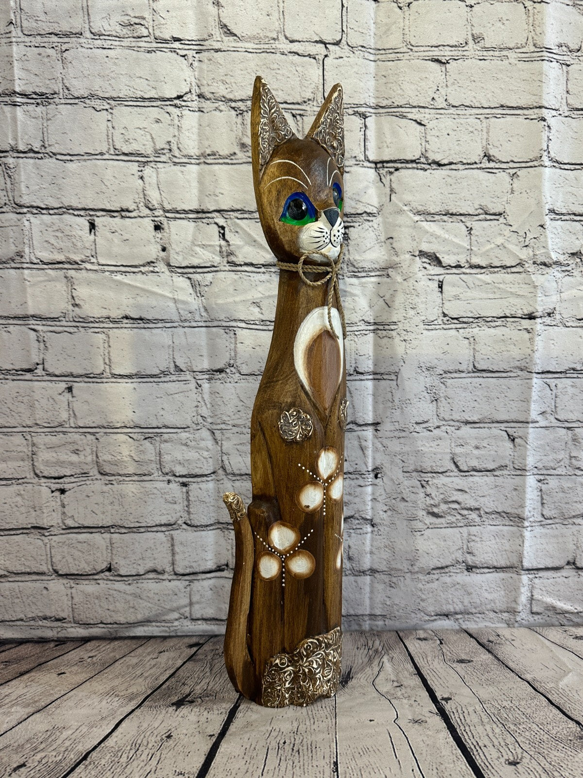60cm Brown Swirl Flower Wooden Shabby Cat Statue Ornament Fair Trade Handcarved